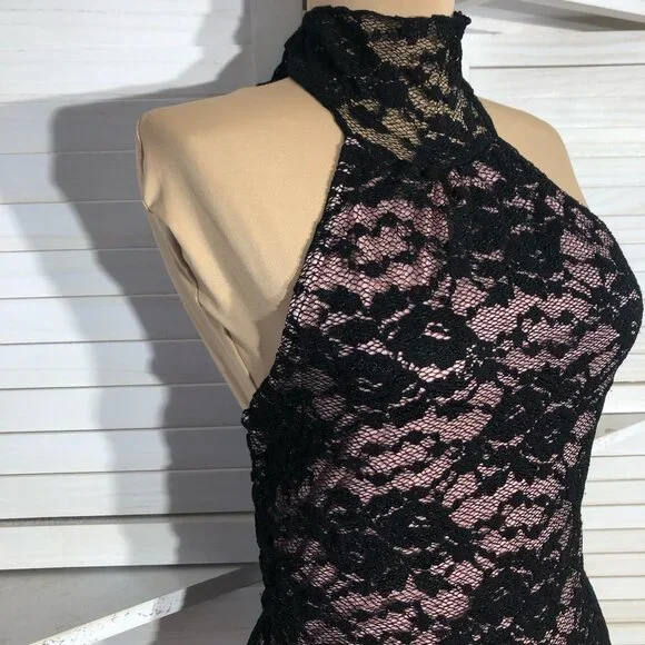 Vintage Y2K Speechless Halter Top High Neck Stretchy Sheer Lace Black Pink Sz S - Picture 10 of 13